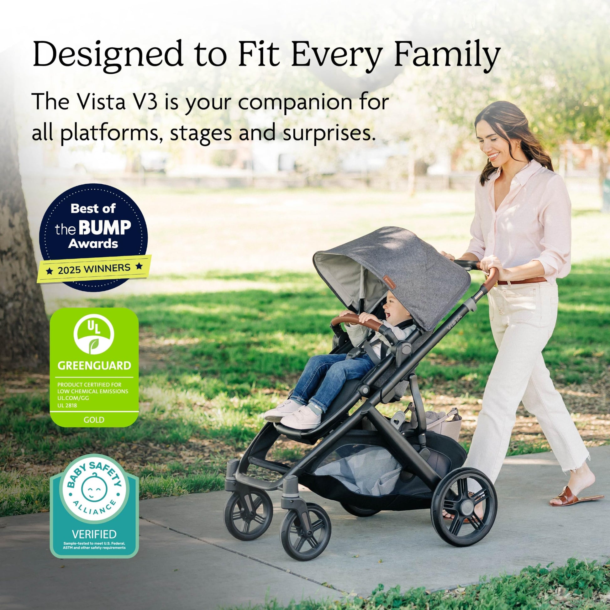 UPPAbaby Vista V3 stroller for baby and toddler, charcoal frame, all-wheel suspension, XL basket, convertible single-to-double.
