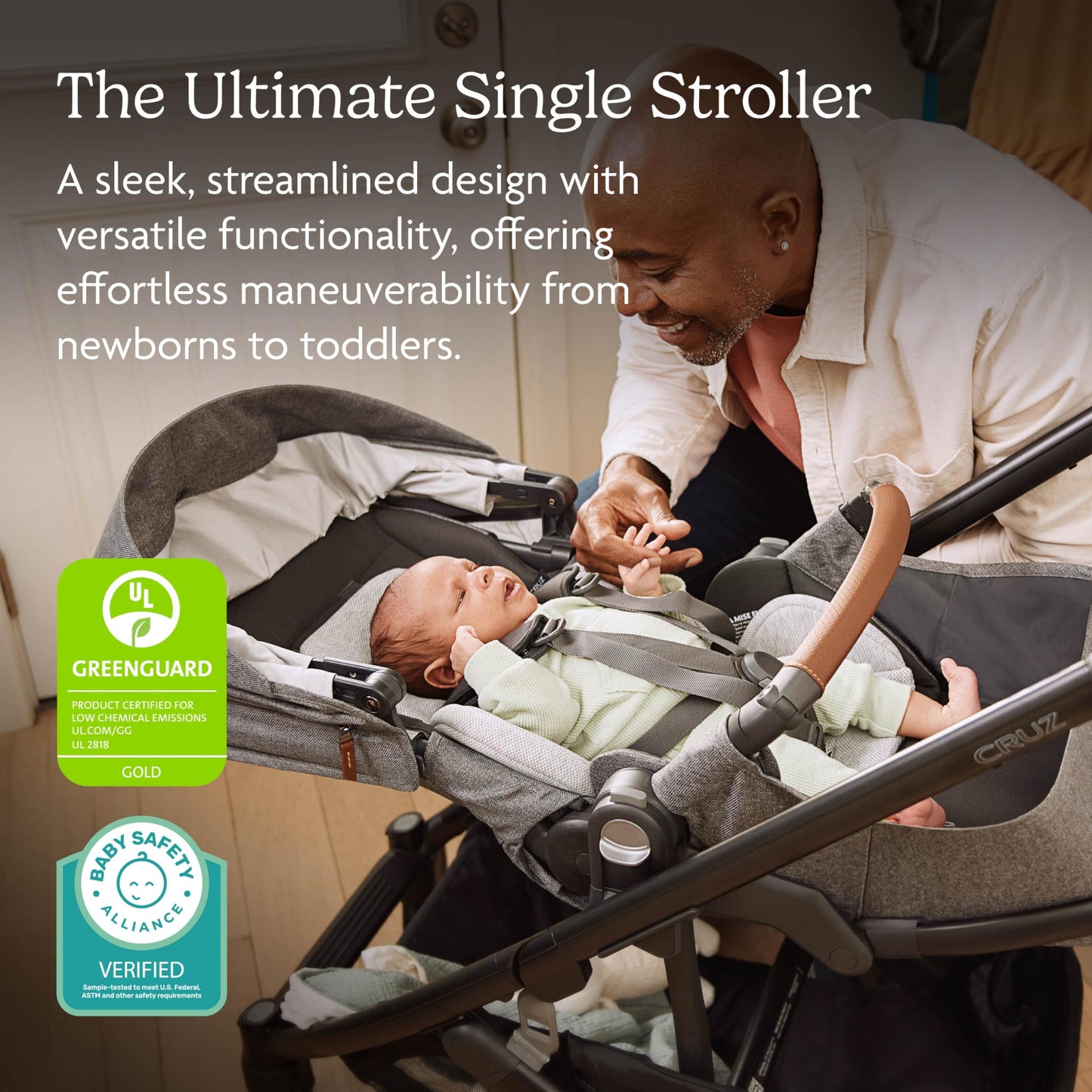 UPPAbaby Cruz V3 stroller in Greyson with charcoal mélange fabric, reversible seat, infant insert, and included bug and rain shields.