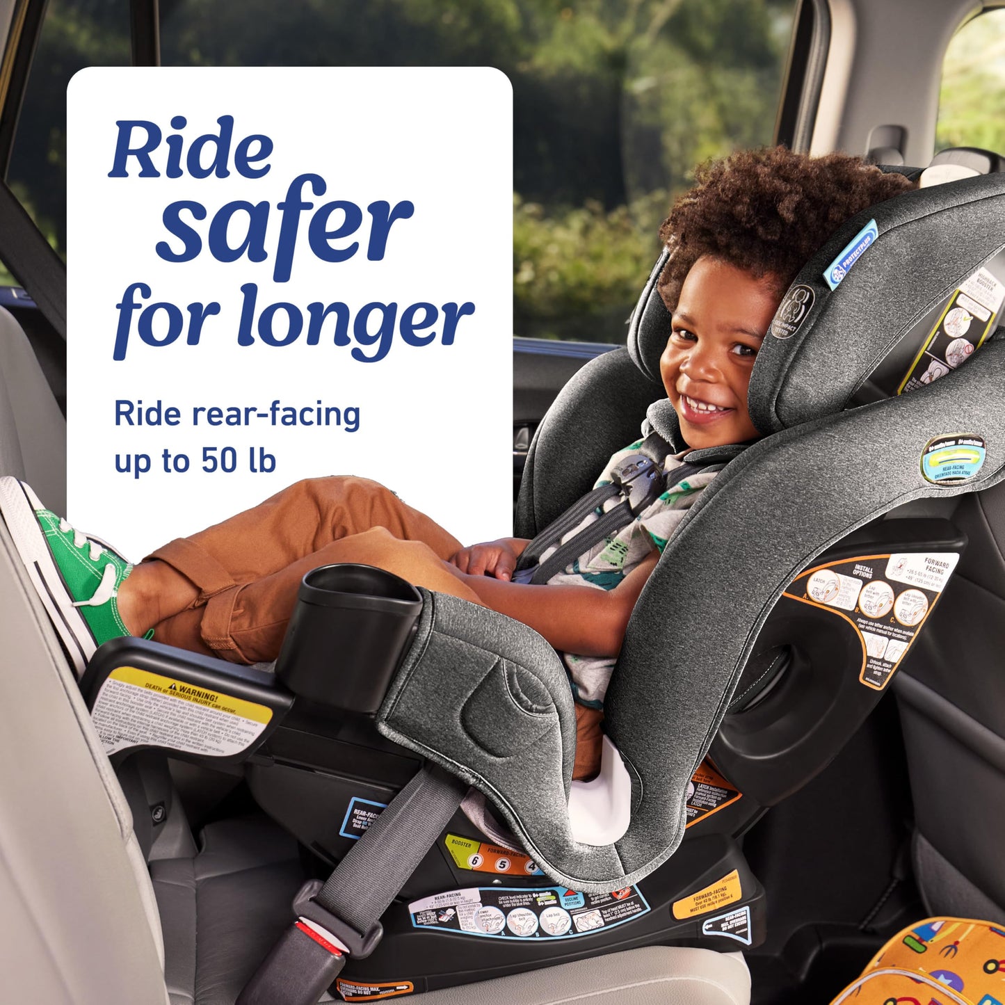 Graco Extend2Fit convertible baby car seat in Gotham color with adjustable extension panel for extra legroom, rear and forward facing.