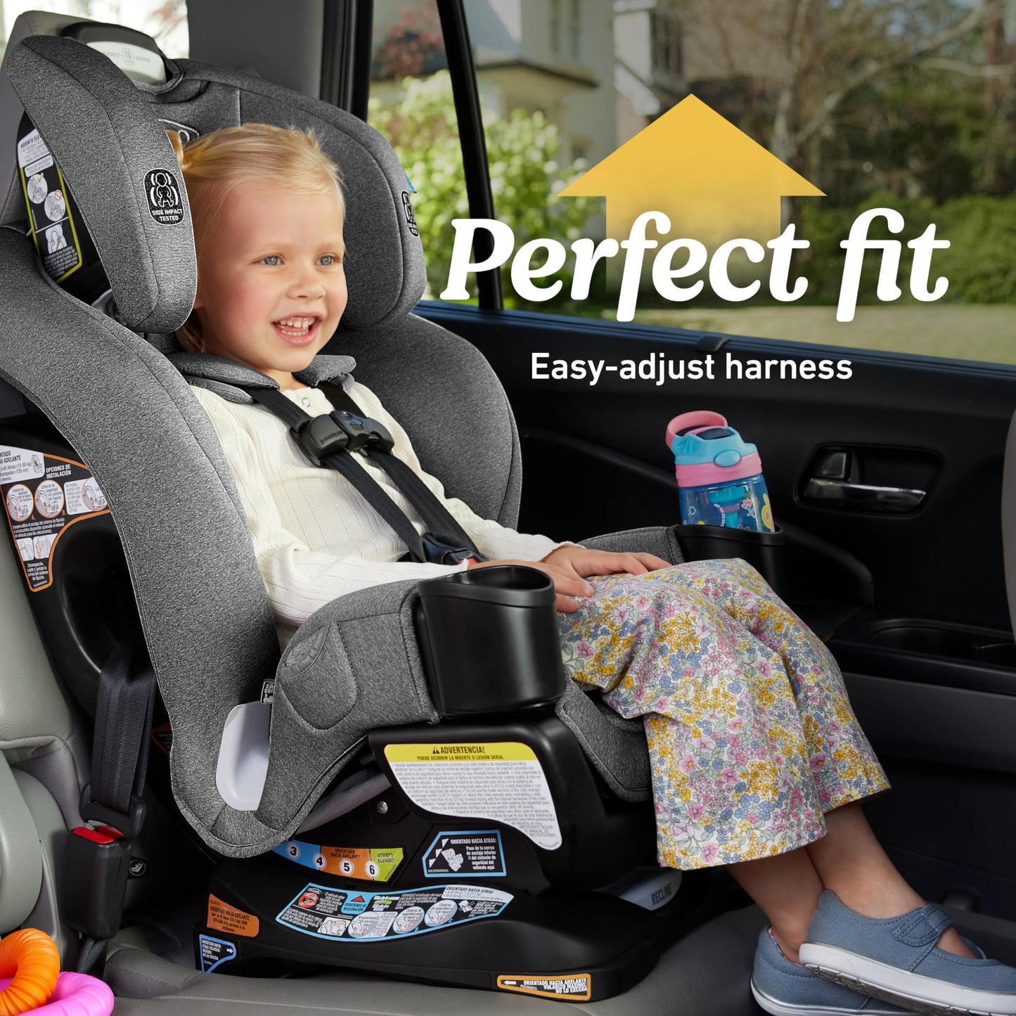 Graco Extend2Fit convertible baby car seat in Gotham color, rear and forward facing with adjustable extension panel for extra legroom.