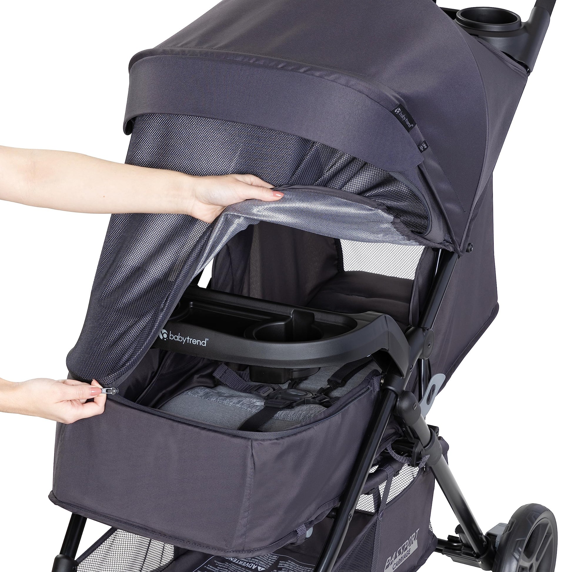 Baby Trend Passport cargo stroller with pink bamboo accents and EZ-Lift infant car seat, designed for convenient travel with babies.