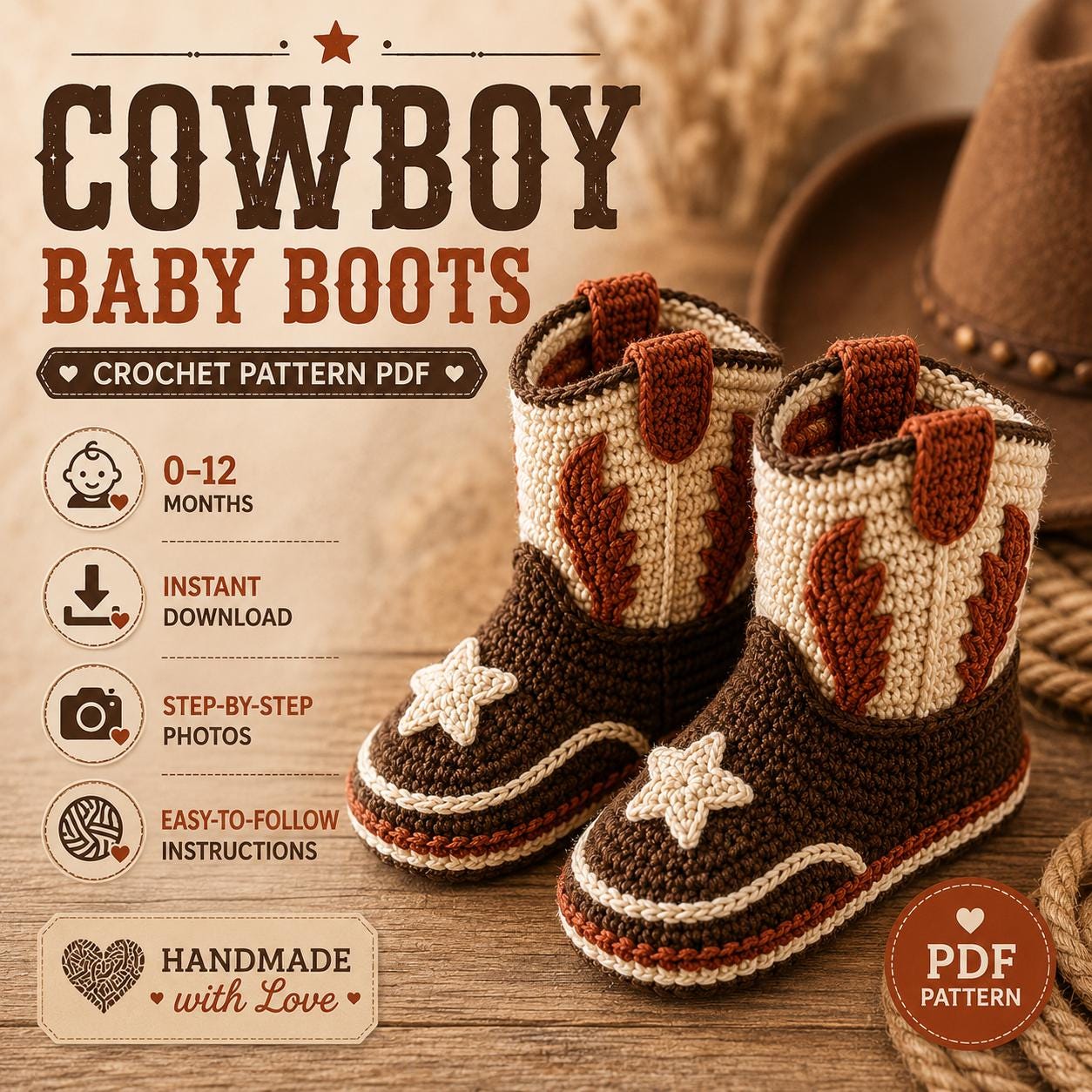 4555887051 Cowboy Baby Boots Crochet Pattern PDF