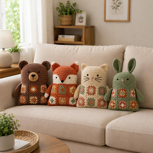 Woodland Animal Granny Square Pillow Crochet Pattern Bundle PDF, Bear Fox Cat Bunny Cushion, Amigurumi Pillow, Crochet Home Decor