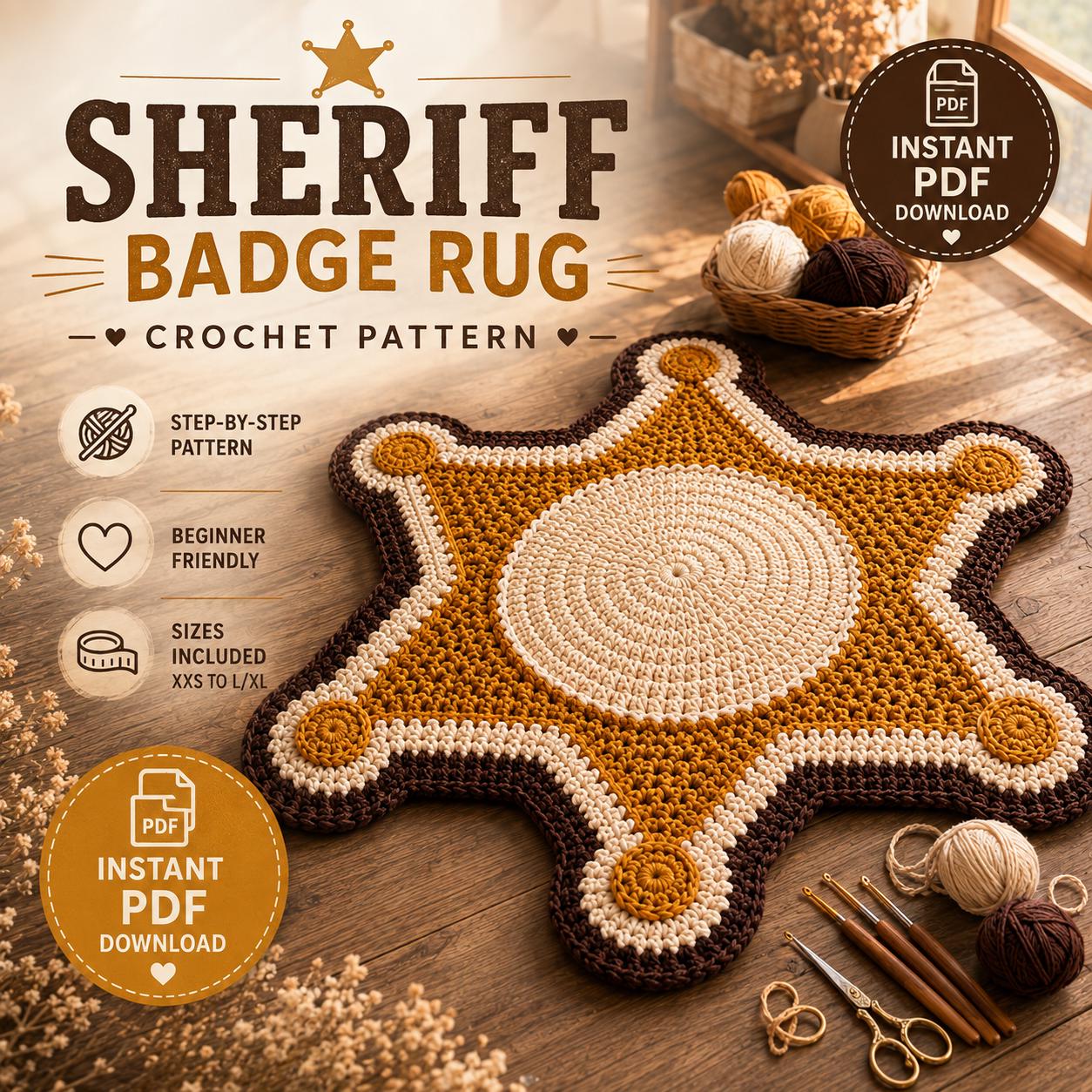 4558895292 Wild West Sheriff Badge Rug Crochet Pattern PDF
