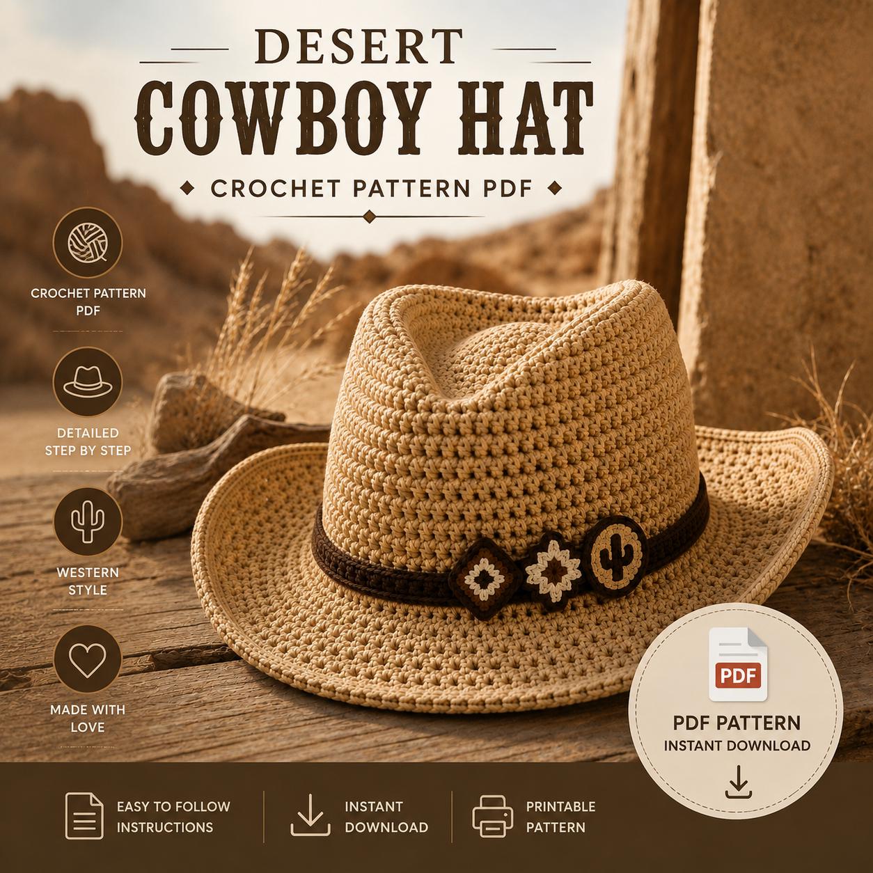 4563222456 Desert Cowboy Hat Crochet Pattern PDF