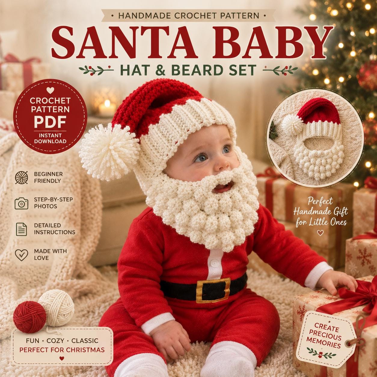 4563821507 Santa Baby Hat Beard Set Crochet Pattern PDF