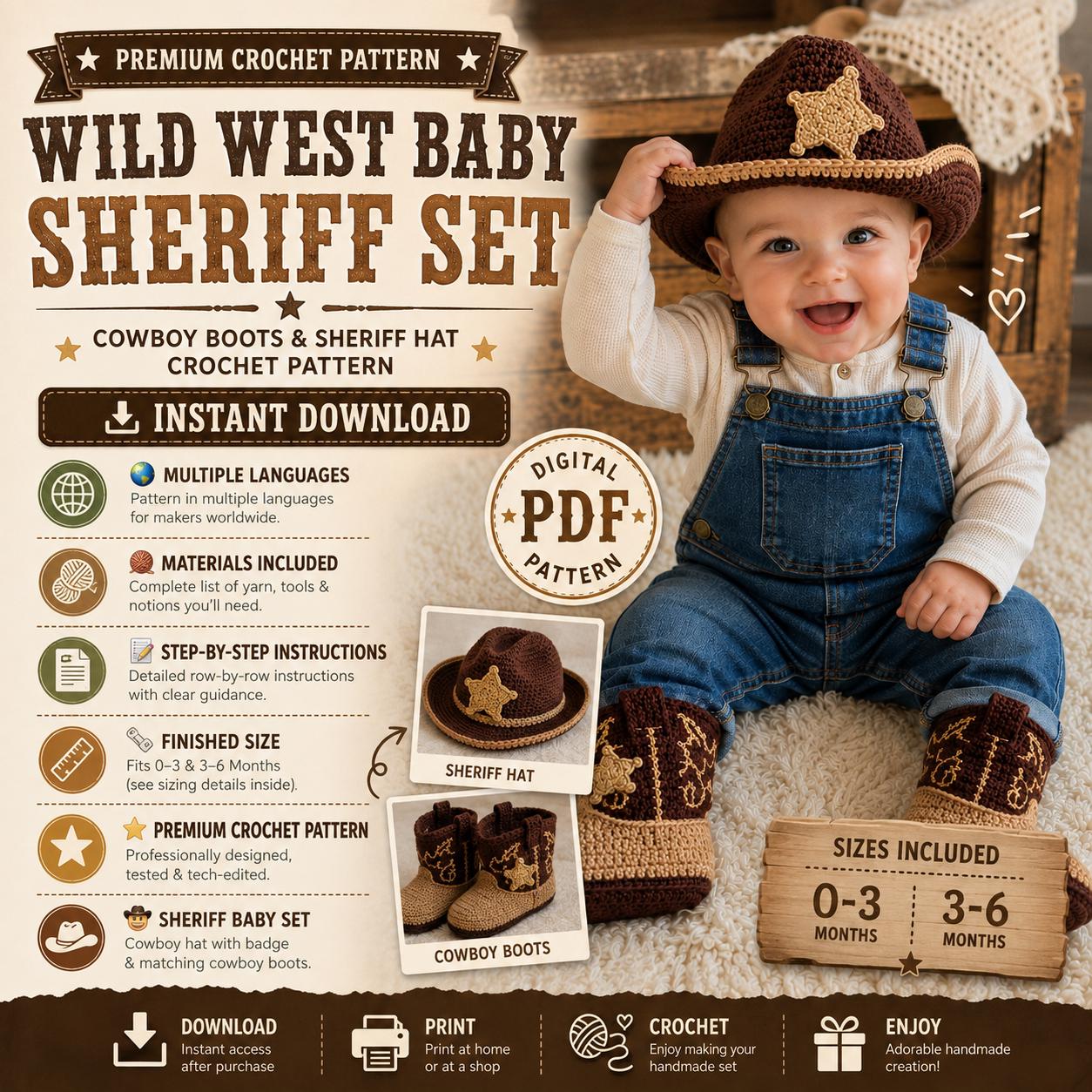 4558338766 Wild West Baby Sheriff Set Crochet Pattern PDF
